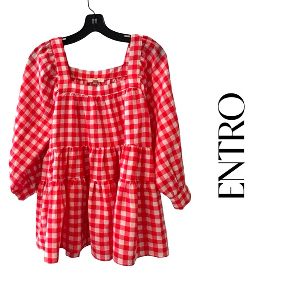 Entro Cherry Red/White Gingham Tiered Dress Sz S EUC - Picture 1 of 7